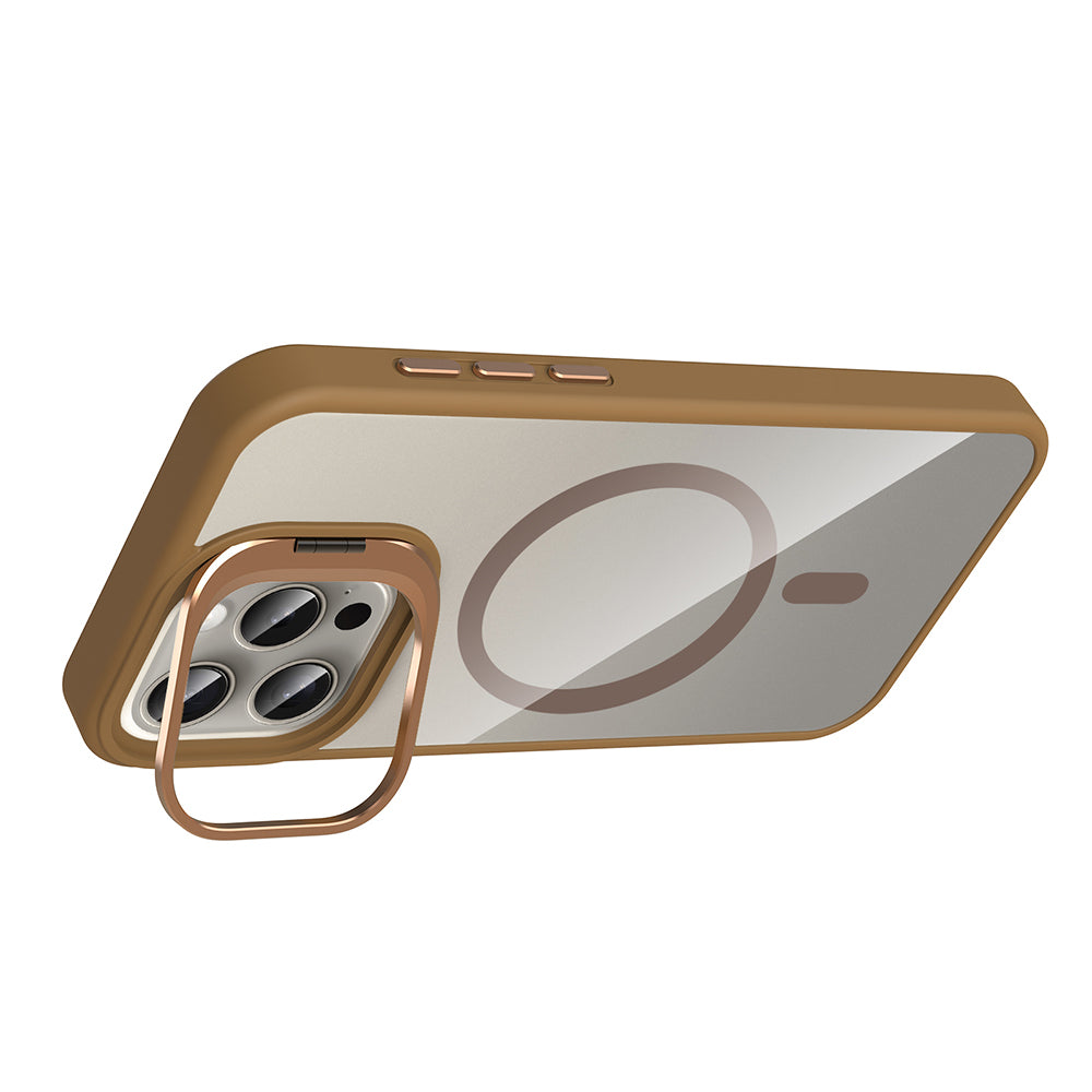 Apple iPhone 15 Pro Max Kılıf Standlı ve Kamera Lens Hediyeli M-Safe Şarj Özellikli Zore Etro Kapak Gri