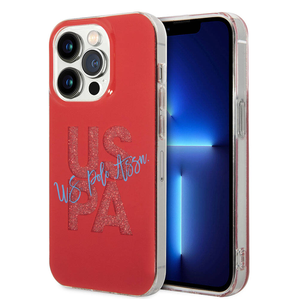 Apple iPhone 15 Pro Max Kılıf U.S. Polo Assn. Orjinal Lisanslı Simli Parlak Alfabe Tasarım Kapak Kırmızı