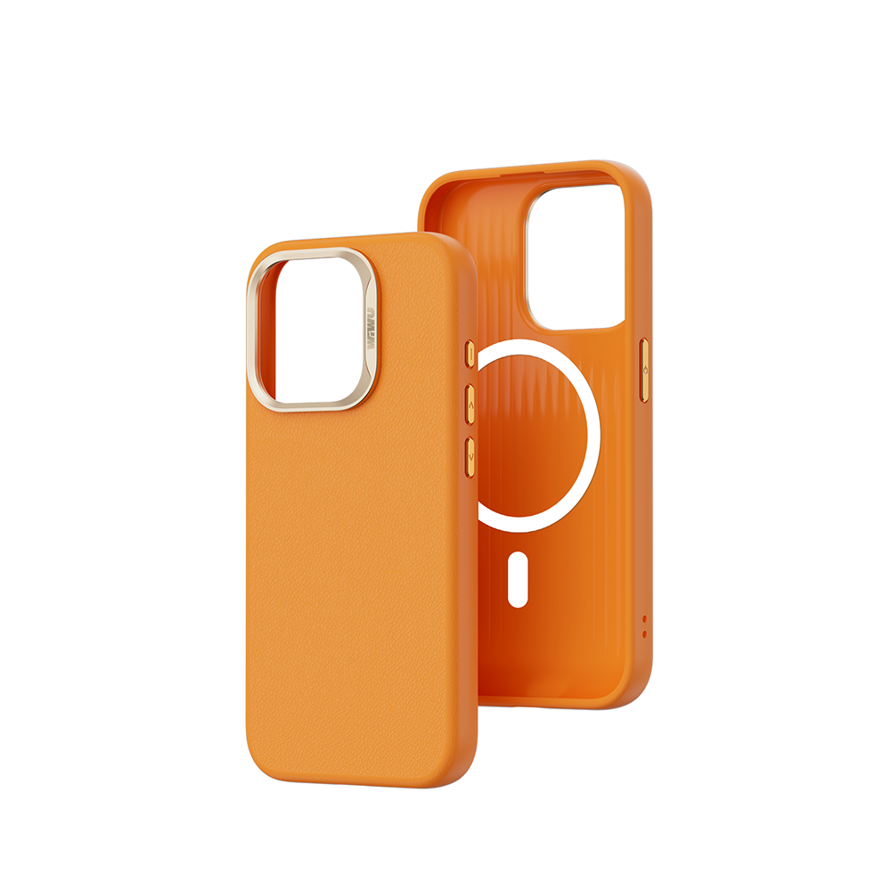 Apple iPhone 15 Pro Max Kılıf Wiwu SP-019 Magsafe Şarj Özellikli Vegan Leather Deri Kapak Turuncu
