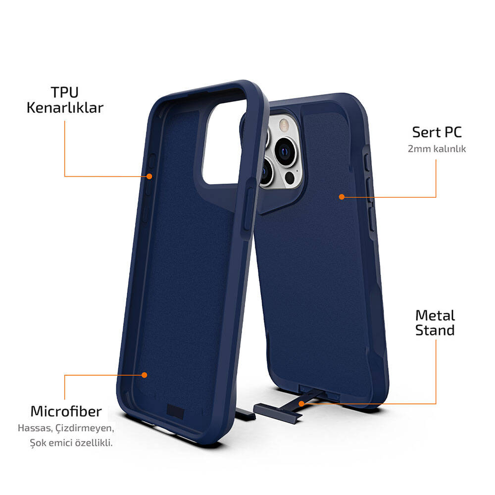 Apple iPhone 15 Pro Max Kılıf Zore Airbag Kenarlı T-Max Mat Standlı Kapak Lacivert
