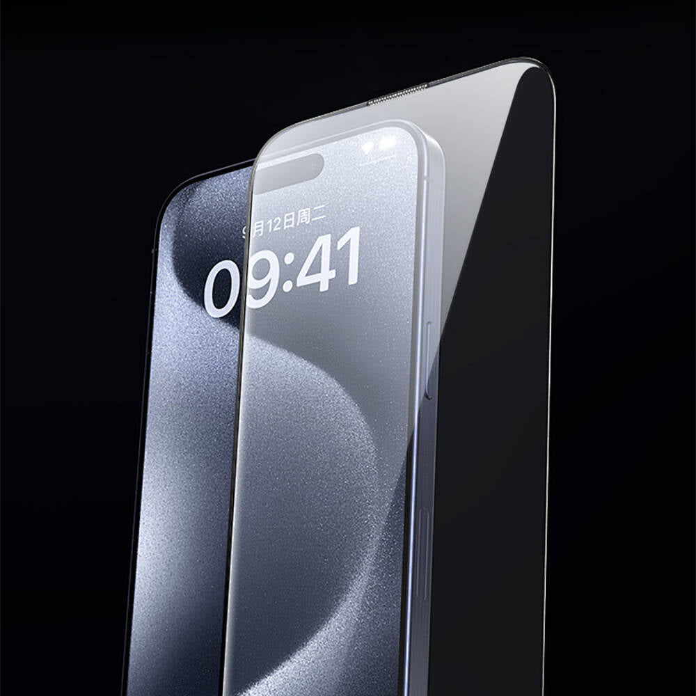 Apple iPhone 15 Pro Max Wiwu GT-009 Polimer Oleofobik Kaplama Şeffaf Pürüzsüz Temperli Cam Ekran Koruyucu Siyah