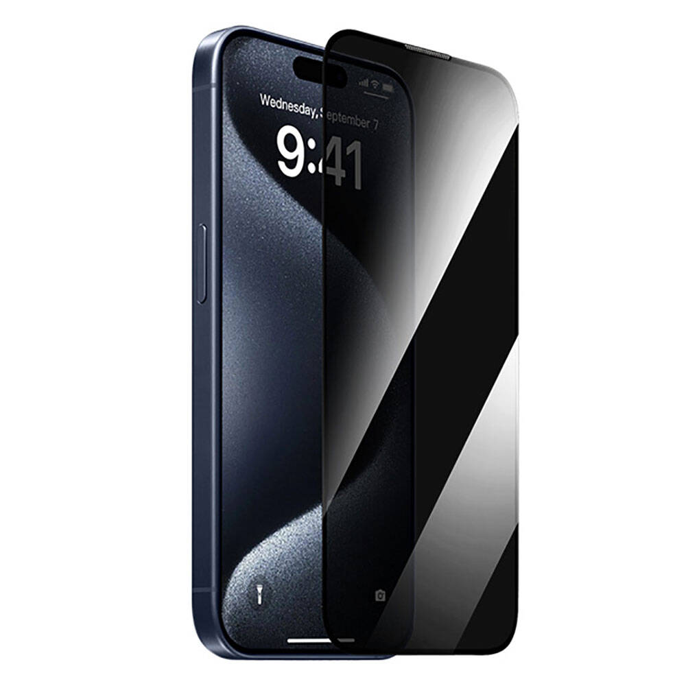 Apple iPhone 15 Pro Max Wiwu GT-011 Anti-Bakteriyel Özellikli Polimer Oleofobik Kaplama Temperli Privacy Cam Ekran Koruyucu Siyah