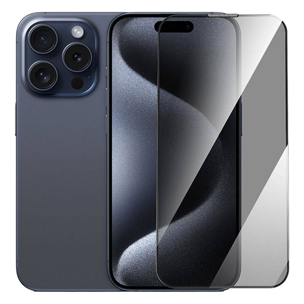 Apple iPhone 15 Pro Max Wiwu GT-011 Anti-Bakteriyel Özellikli Polimer Oleofobik Kaplama Temperli Privacy Cam Ekran Koruyucu Siyah