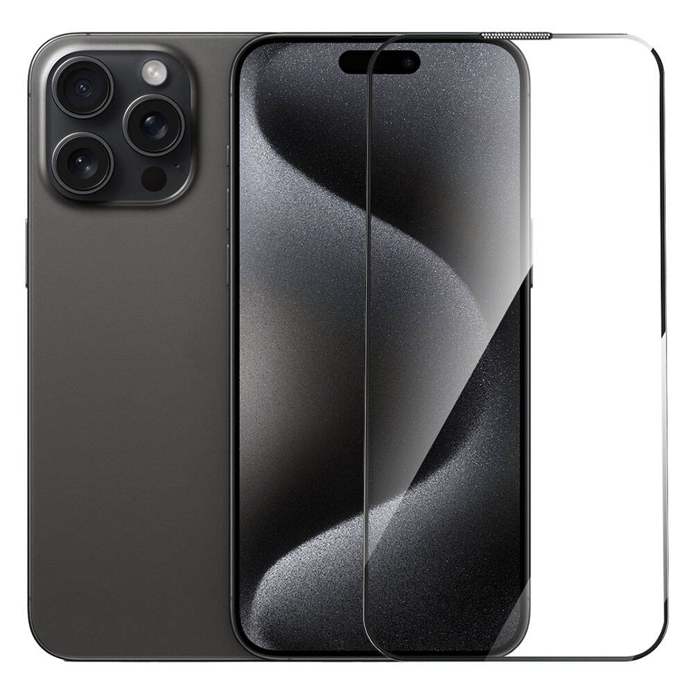 Apple iPhone 15 Pro Wiwu GT-009 Polimer Oleofobik Kaplama Şeffaf Pürüzsüz Temperli Cam Ekran Koruyucu Siyah