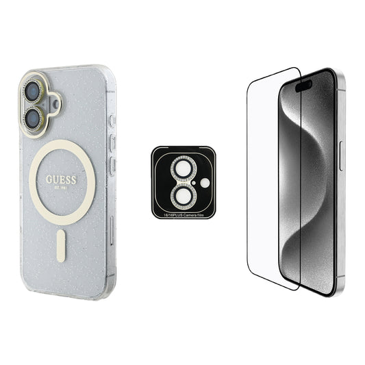 Apple iPhone 16 Guess Orjinal Lisanslı 3'lü Aksesuar Seti IML Baskılı Simli Glitter Kılıf + Ekran Koruyucu + Lens Koruyucu