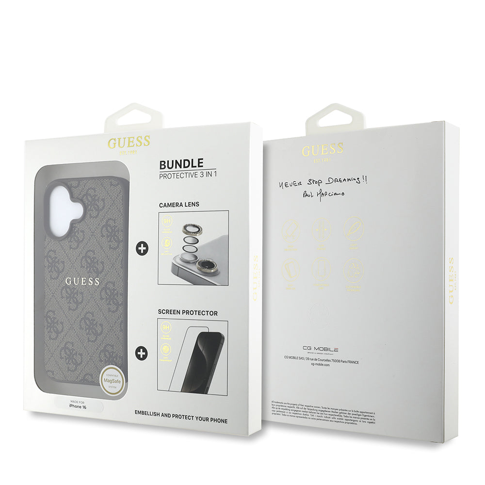 Apple iPhone 16 Guess Orjinal Lisanslı Kılıf + Ekran Koruyucu + Lens Koruyucu 3in1 Aksesuar Seti Kahverengi