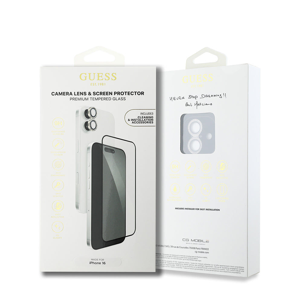 Apple iPhone 16 Guess Orjinal Lisanslı Rhinestone Ekran Koruyucu + Lens Koruyucu 2in1 Aksesuar Seti Gold