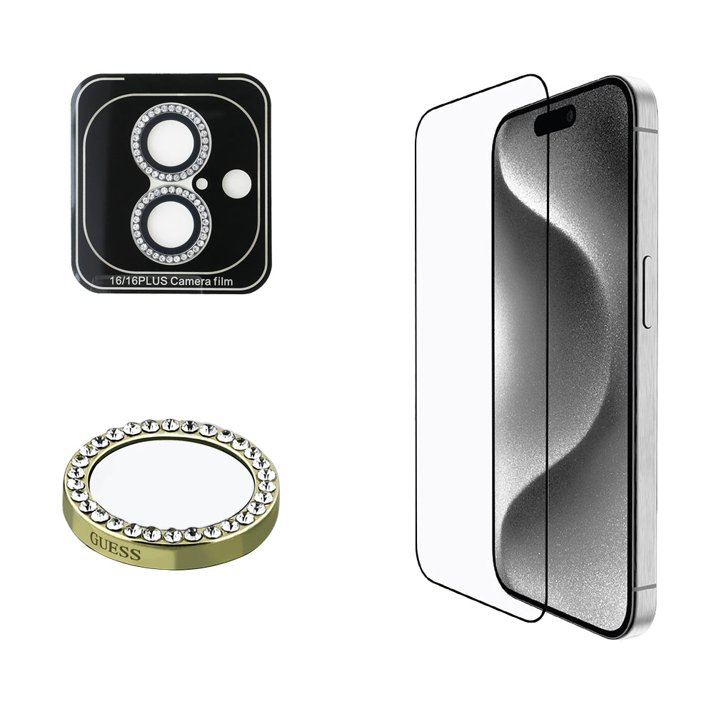 Apple iPhone 16 Guess Orjinal Lisanslı Rhinestone Ekran Koruyucu + Lens Koruyucu 2in1 Aksesuar Seti Gümüş