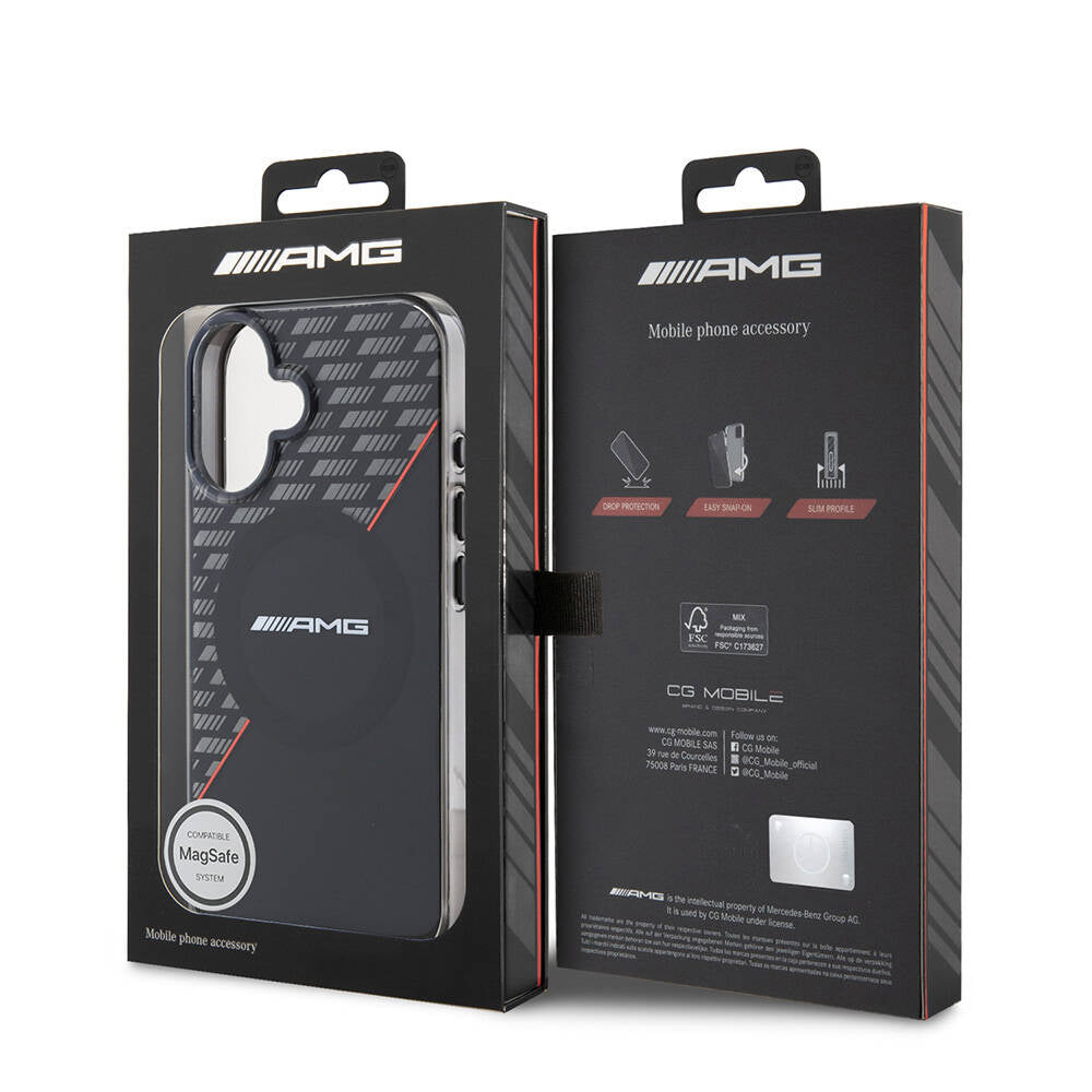 Apple iPhone 16 Kılıf AMG Orjinal Lisanslı Magsafe Şarj Özellikli Çift Katmanlı Kırmızı Çapraz Çizgili Kapak Siyah-Kırmızı