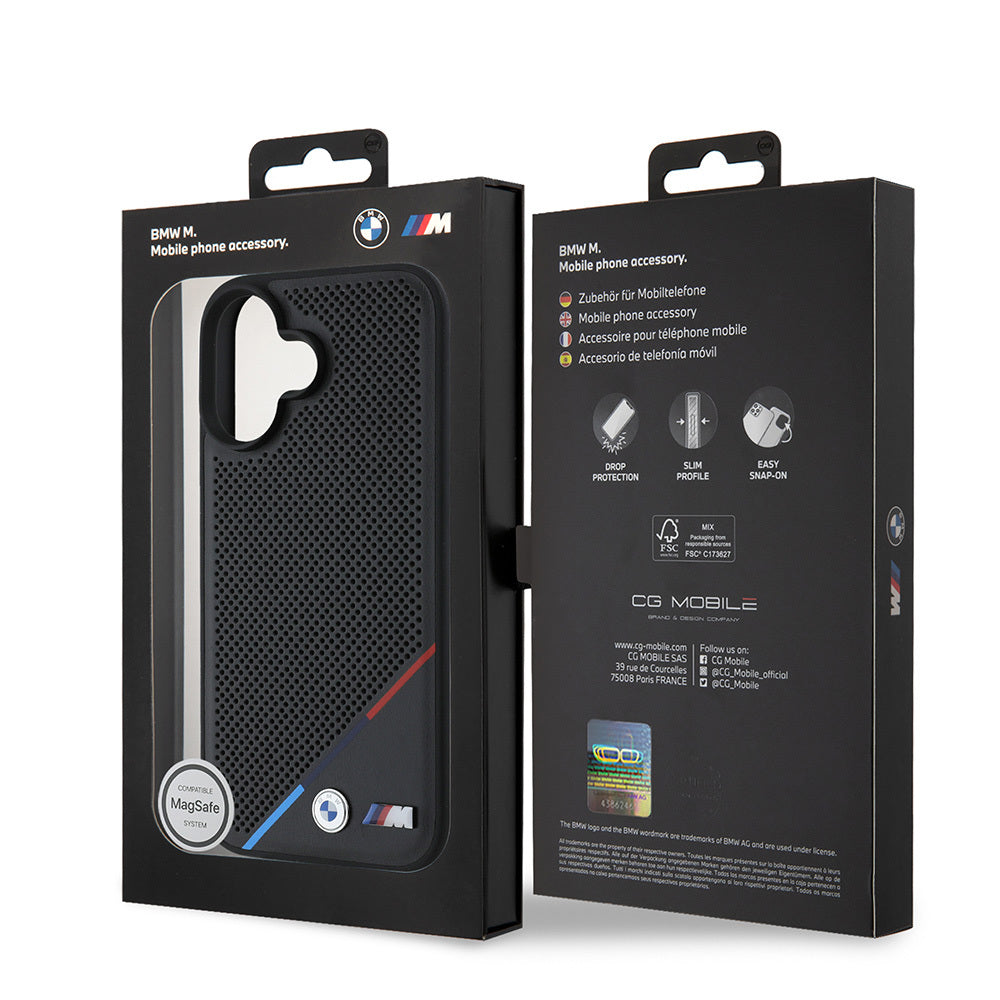 Apple iPhone 16 Kılıf BMW Orjinal Lisanslı Magsafe Şarj Özellikli M Logolu Üç Çizgili Delikli Deri Kapak Siyah