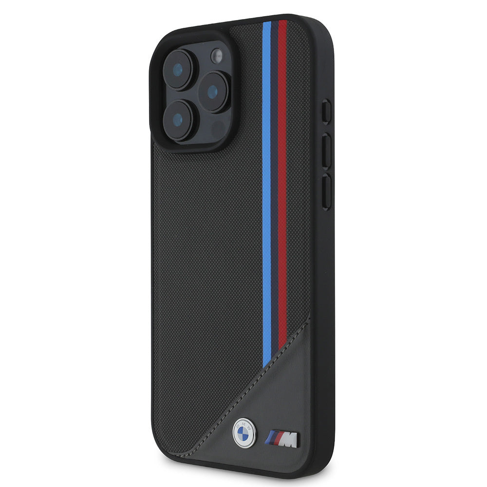 Apple iPhone 16 Kılıf BMW Orjinal Lisanslı Magsafe Şarj Özellikli M Logolu Üç Çizgili Dikiş Detaylı Meshed Tricolor Stripes Kapak Siyah