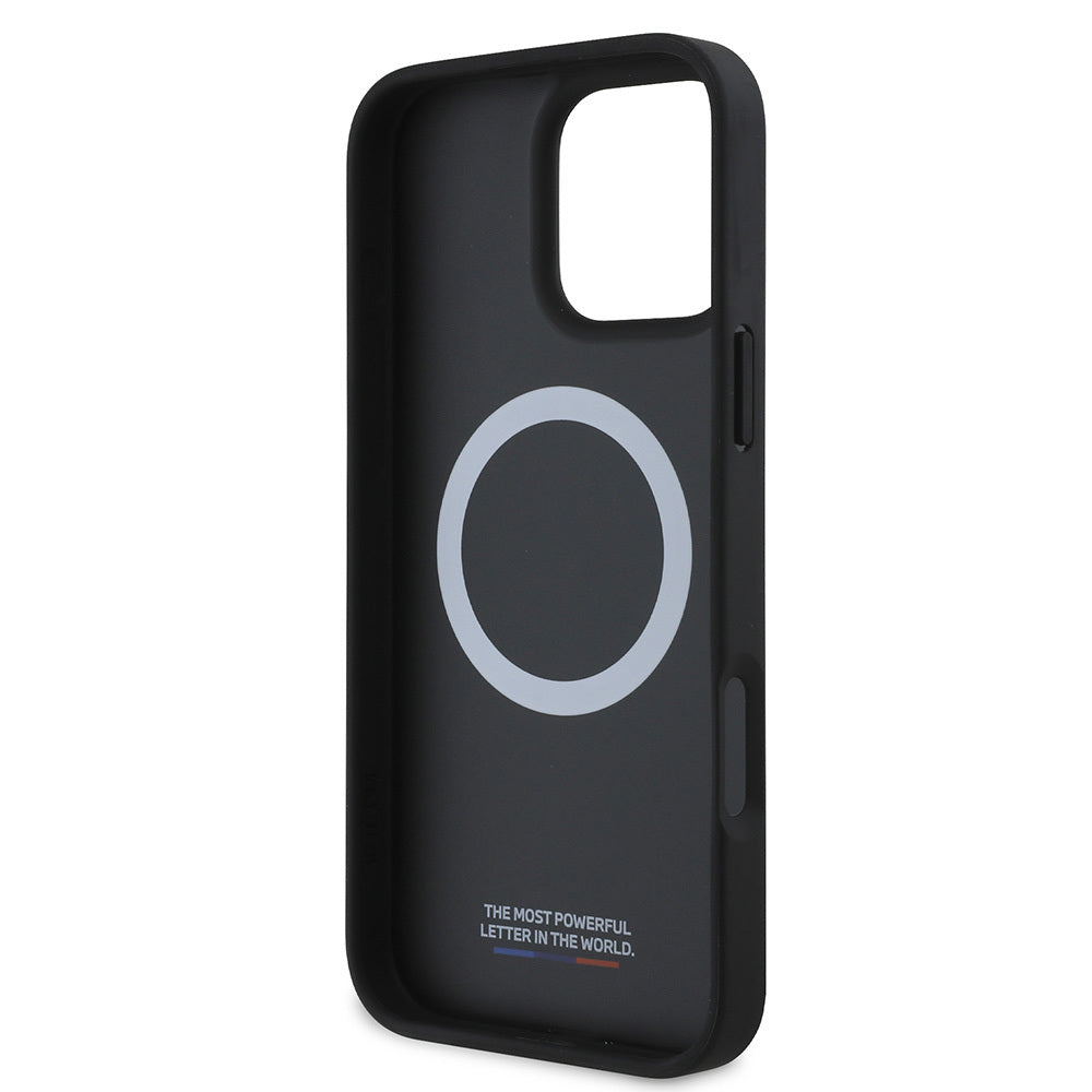 Apple iPhone 16 Kılıf BMW Orjinal Lisanslı Magsafe Şarj Özellikli M Logolu Üç Çizgili Dikiş Detaylı Meshed Tricolor Stripes Kapak Siyah