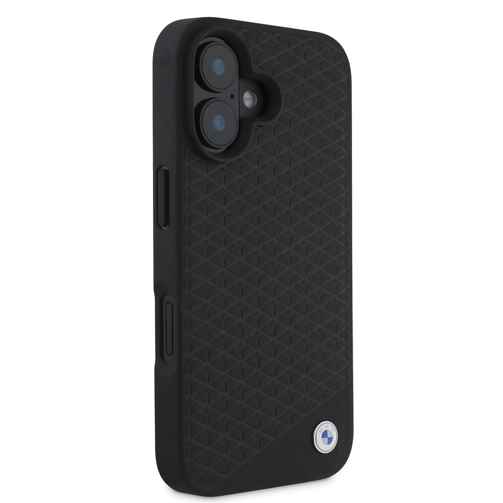 Apple iPhone 16 Kılıf BMW Orjinal Lisanslı Magsafe Şarj Özellikli Metal Logolu Dokulu Diamond Deri Kapak Siyah