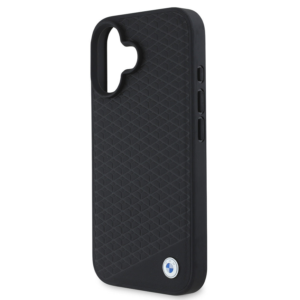 Apple iPhone 16 Kılıf BMW Orjinal Lisanslı Magsafe Şarj Özellikli Metal Logolu Dokulu Diamond Deri Kapak Siyah