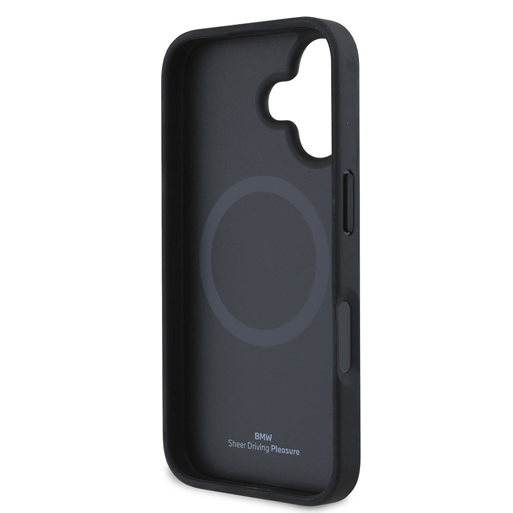 Apple iPhone 16 Kılıf BMW Orjinal Lisanslı Magsafe Şarj Özellikli Metal Logolu Dokulu Diamond Deri Kapak Siyah