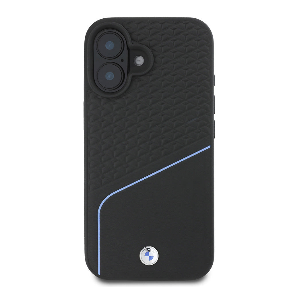 Apple iPhone 16 Kılıf BMW Orjinal Lisanslı Magsafe Şarj Özellikli Metal Logolu Dokulu ve Çizgili Deri Kapak Siyah