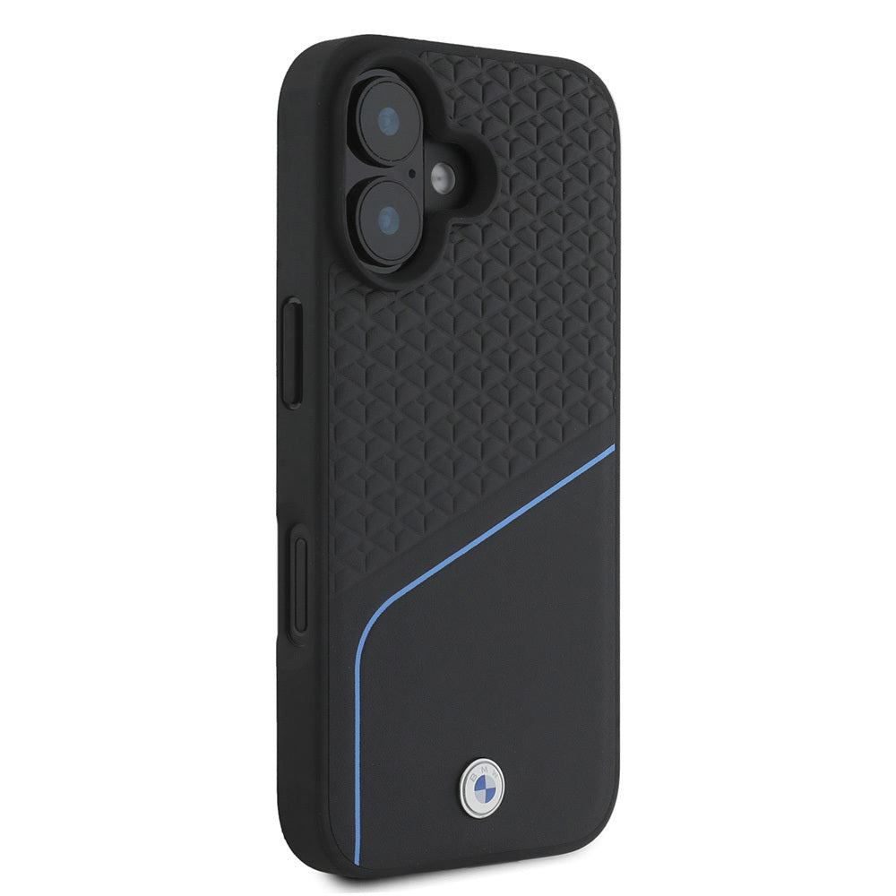 Apple iPhone 16 Kılıf BMW Orjinal Lisanslı Magsafe Şarj Özellikli Metal Logolu Dokulu ve Çizgili Deri Kapak Siyah