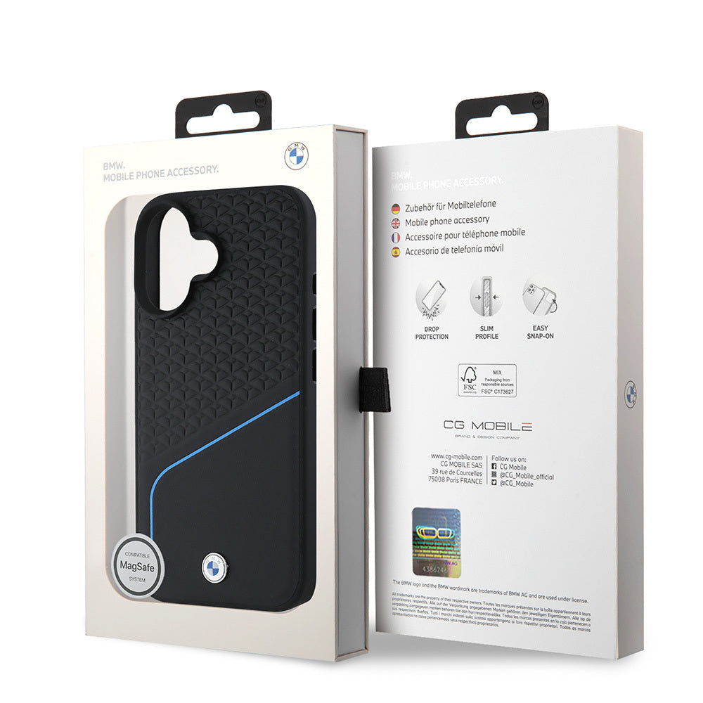 Apple iPhone 16 Kılıf BMW Orjinal Lisanslı Magsafe Şarj Özellikli Metal Logolu Dokulu ve Çizgili Deri Kapak Siyah