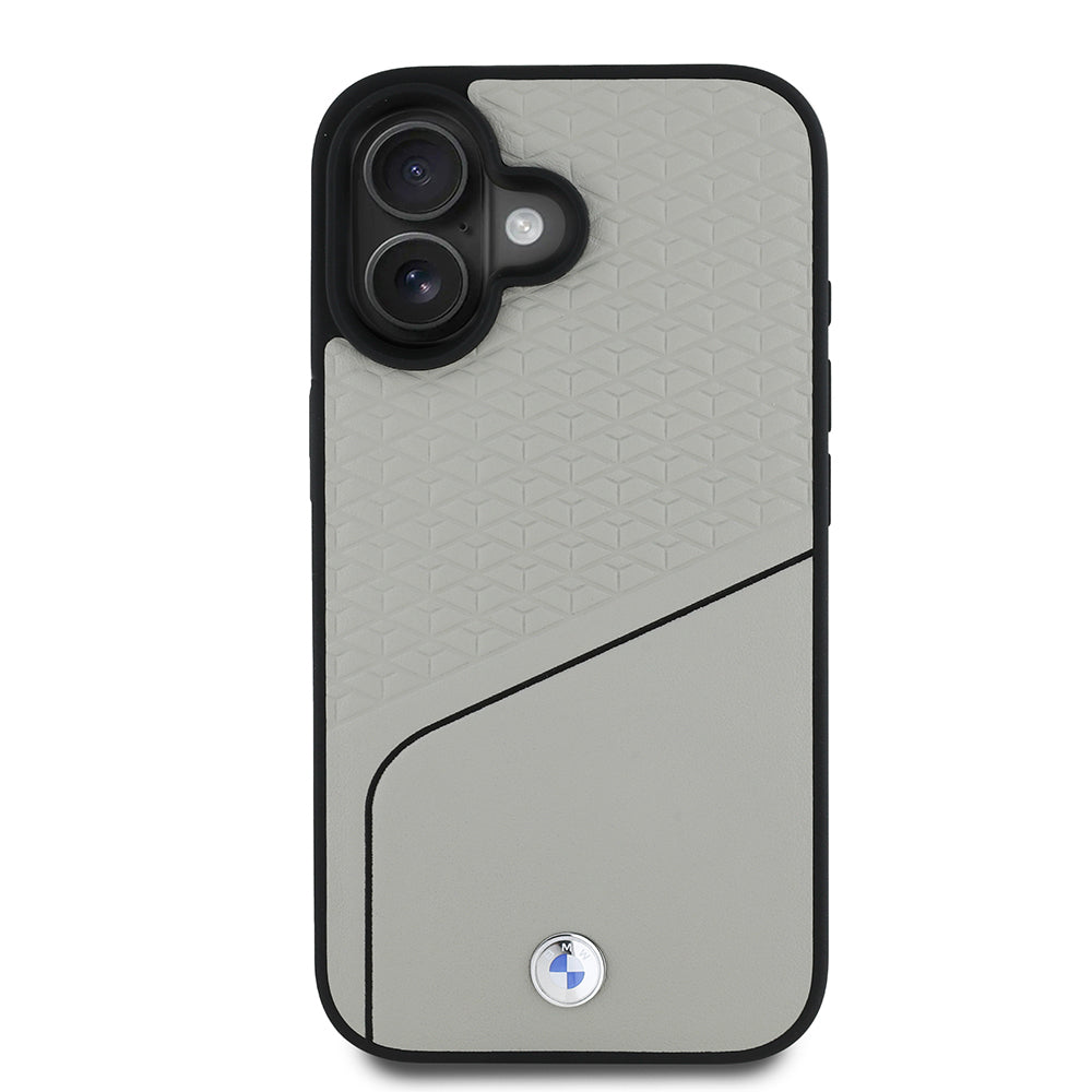 Apple iPhone 16 Kılıf BMW Orjinal Lisanslı M-safe Şarj Özellikli Metal Logolu Dokulu ve Çizgili Deri Kapak Gri