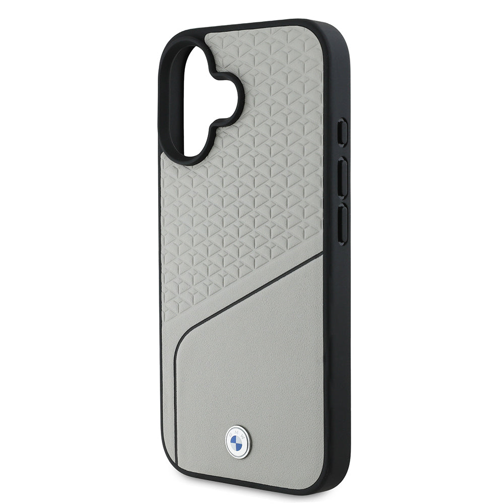 Apple iPhone 16 Kılıf BMW Orjinal Lisanslı M-safe Şarj Özellikli Metal Logolu Dokulu ve Çizgili Deri Kapak Gri
