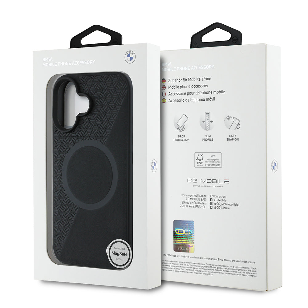 Apple iPhone 16 Kılıf BMW Orjinal Lisanslı M-safe Şarj Özellikli Metal Logolu Yarım Dokulu Circle Deri Kapak Siyah