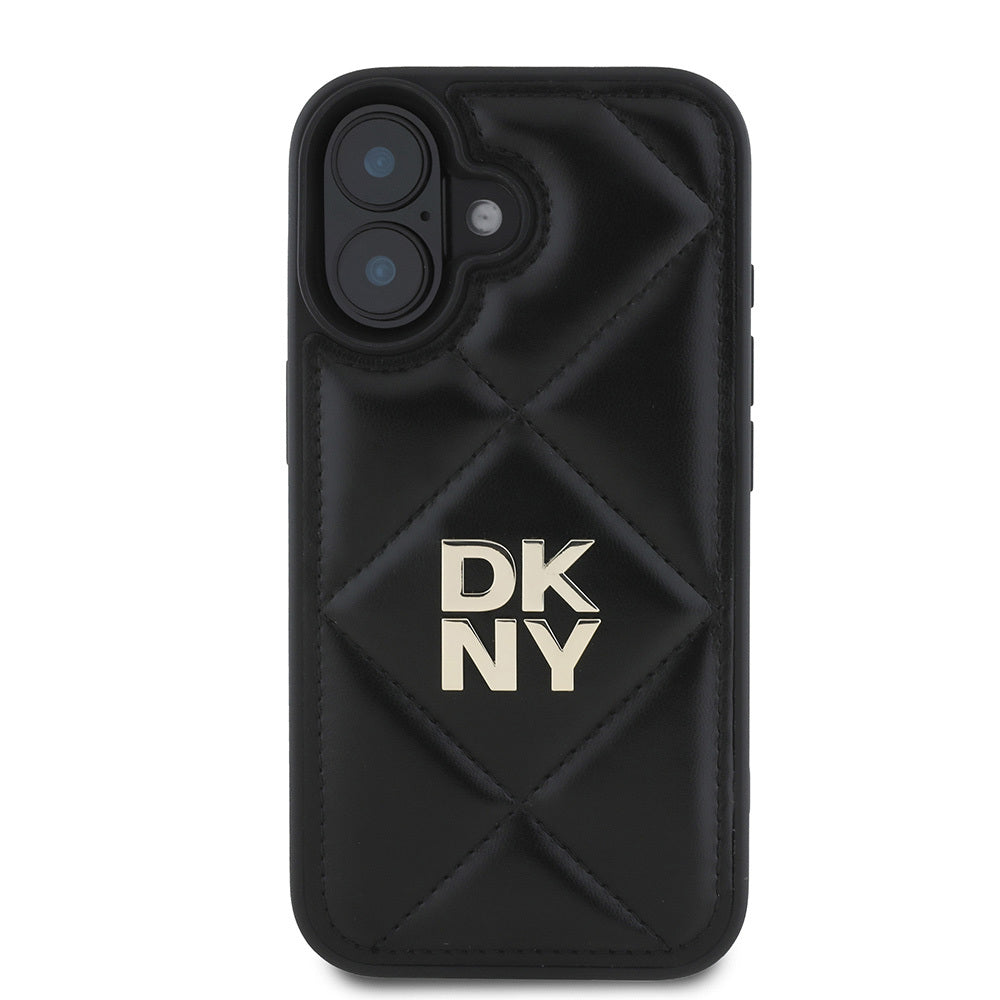 Apple iPhone 16 Kılıf DKNY Orjinal Lisanslı Kapitone Tasarımlı Metal Logolu Deri Kapak Siyah