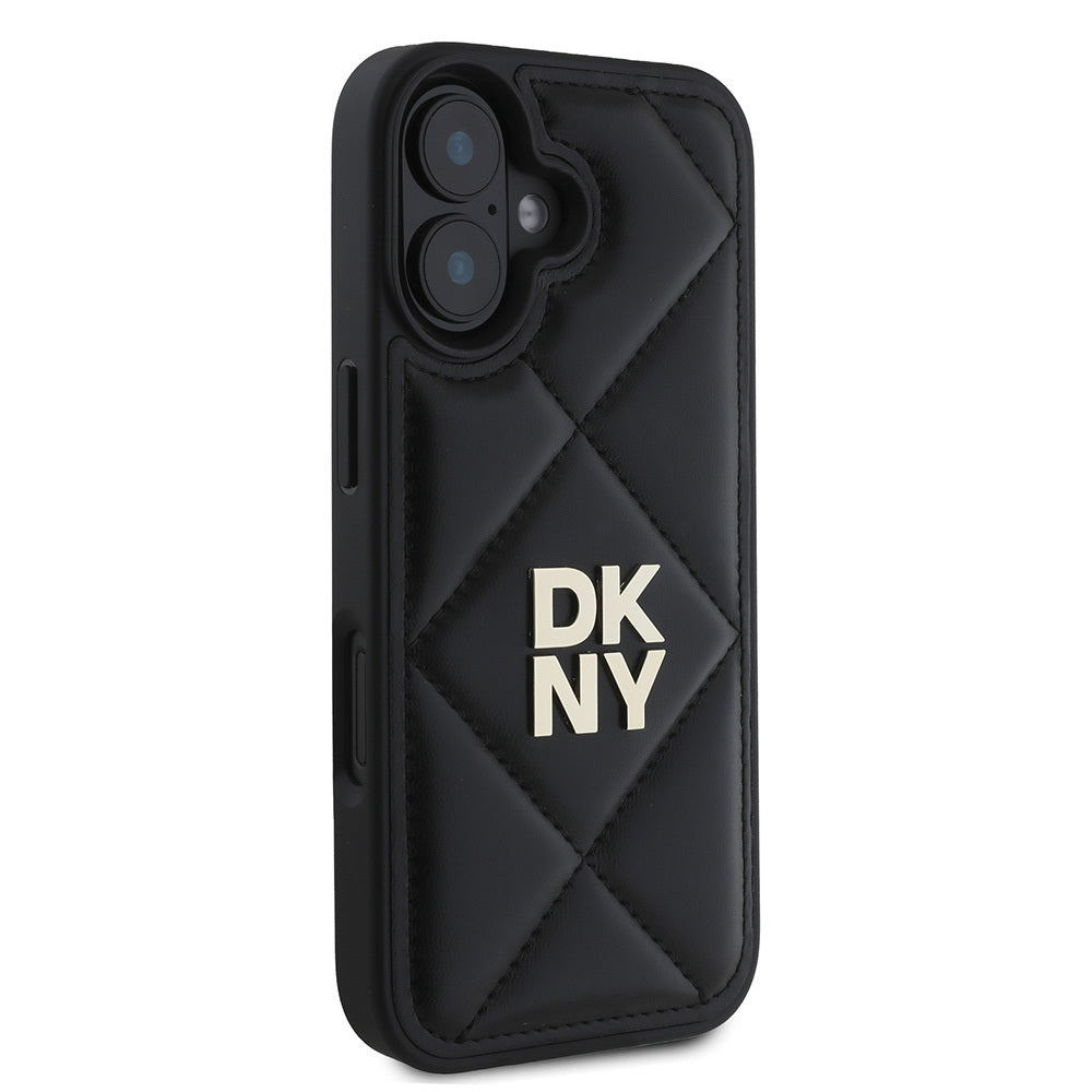 Apple iPhone 16 Kılıf DKNY Orjinal Lisanslı Kapitone Tasarımlı Metal Logolu Deri Kapak Siyah