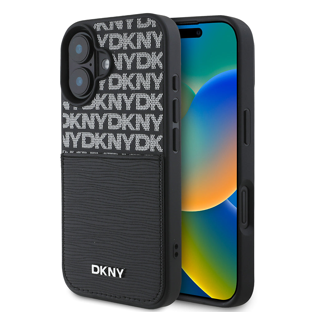 Apple iPhone 16 Kılıf DKNY Orjinal Lisanslı Kartlıklı 3D Yazılı Repeat Texture Pattern Kapak Siyah
