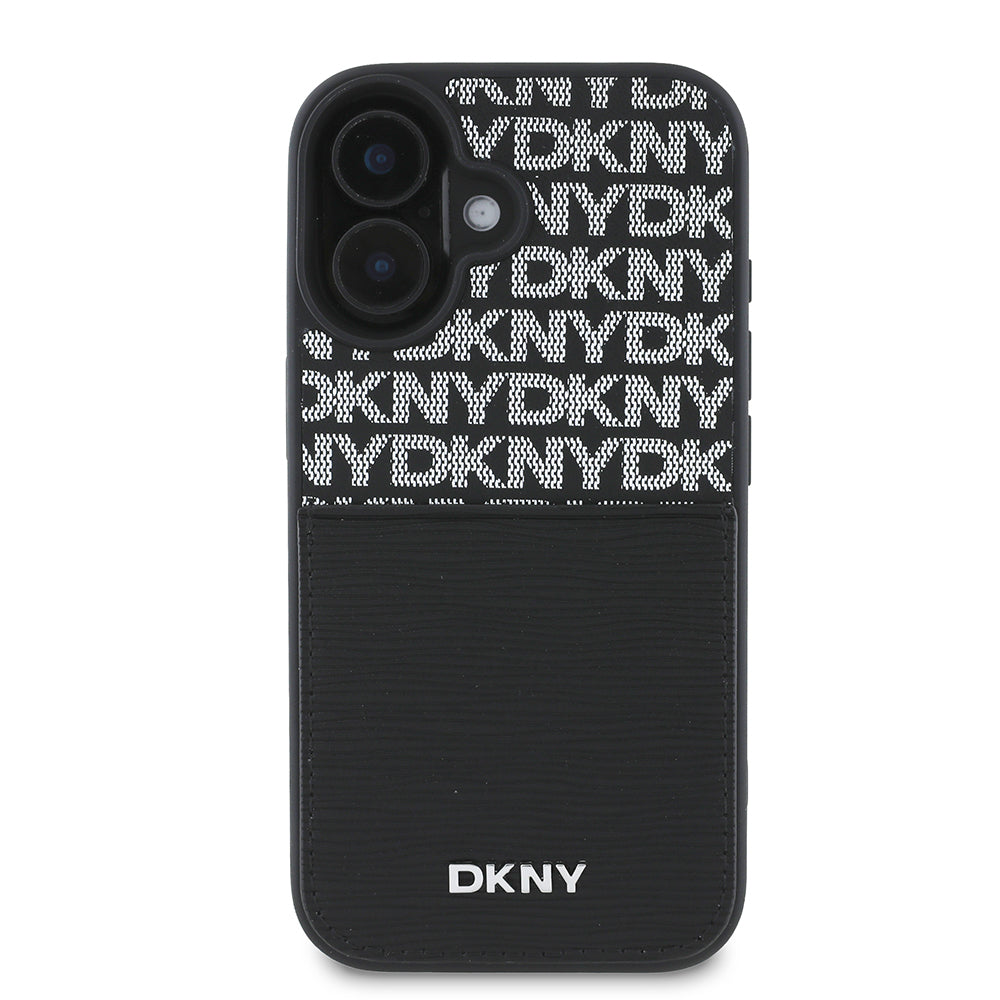 Apple iPhone 16 Kılıf DKNY Orjinal Lisanslı Kartlıklı 3D Yazılı Repeat Texture Pattern Kapak Siyah