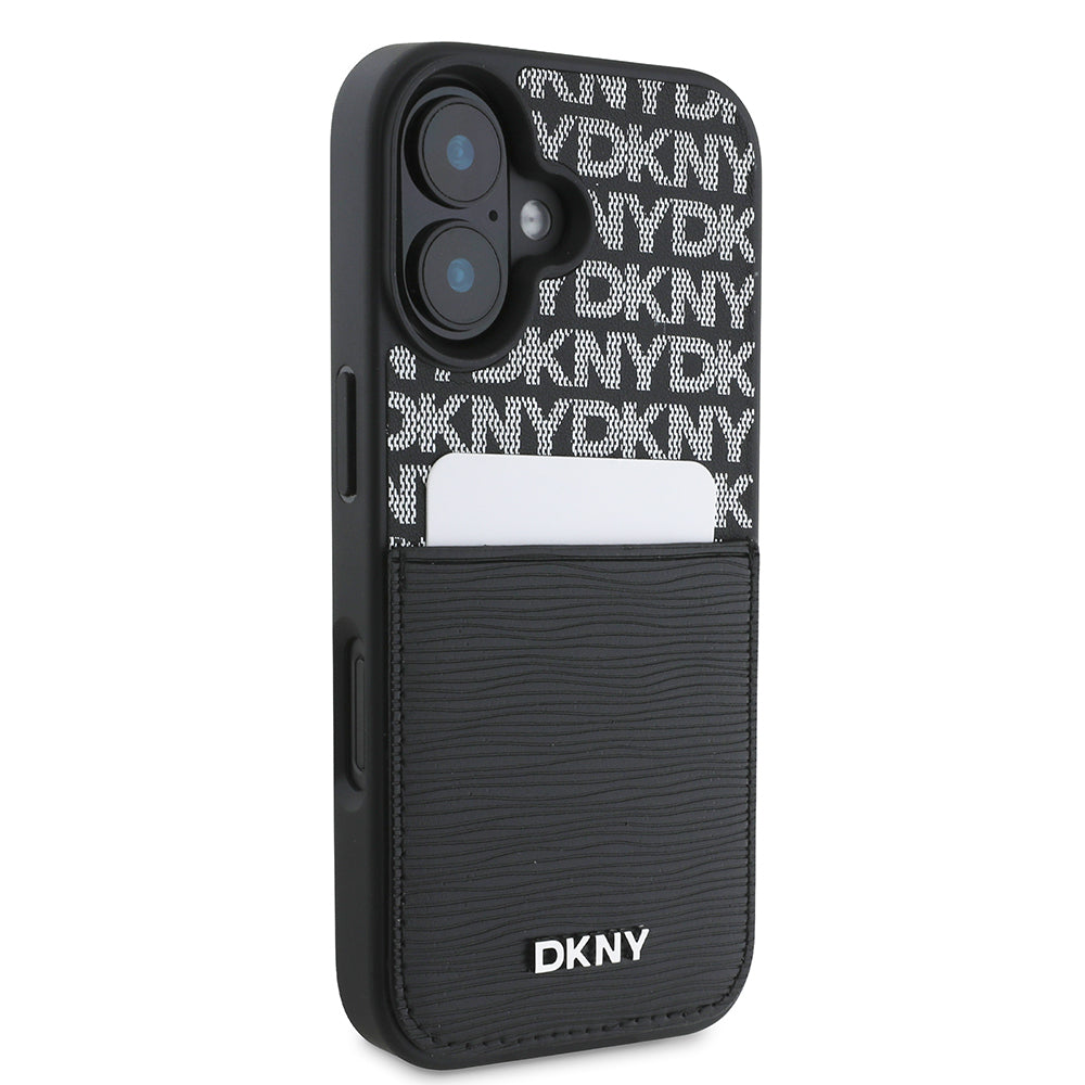Apple iPhone 16 Kılıf DKNY Orjinal Lisanslı Kartlıklı 3D Yazılı Repeat Texture Pattern Kapak Siyah