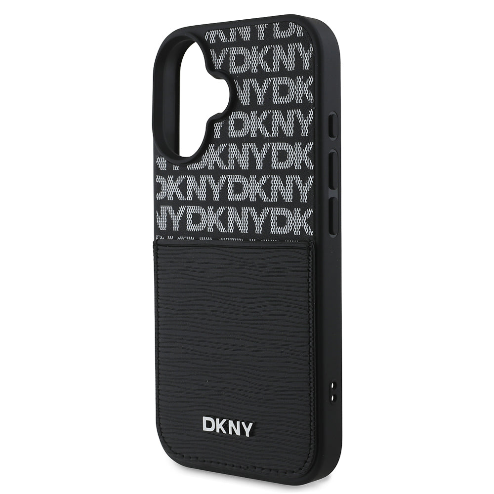 Apple iPhone 16 Kılıf DKNY Orjinal Lisanslı Kartlıklı 3D Yazılı Repeat Texture Pattern Kapak Siyah