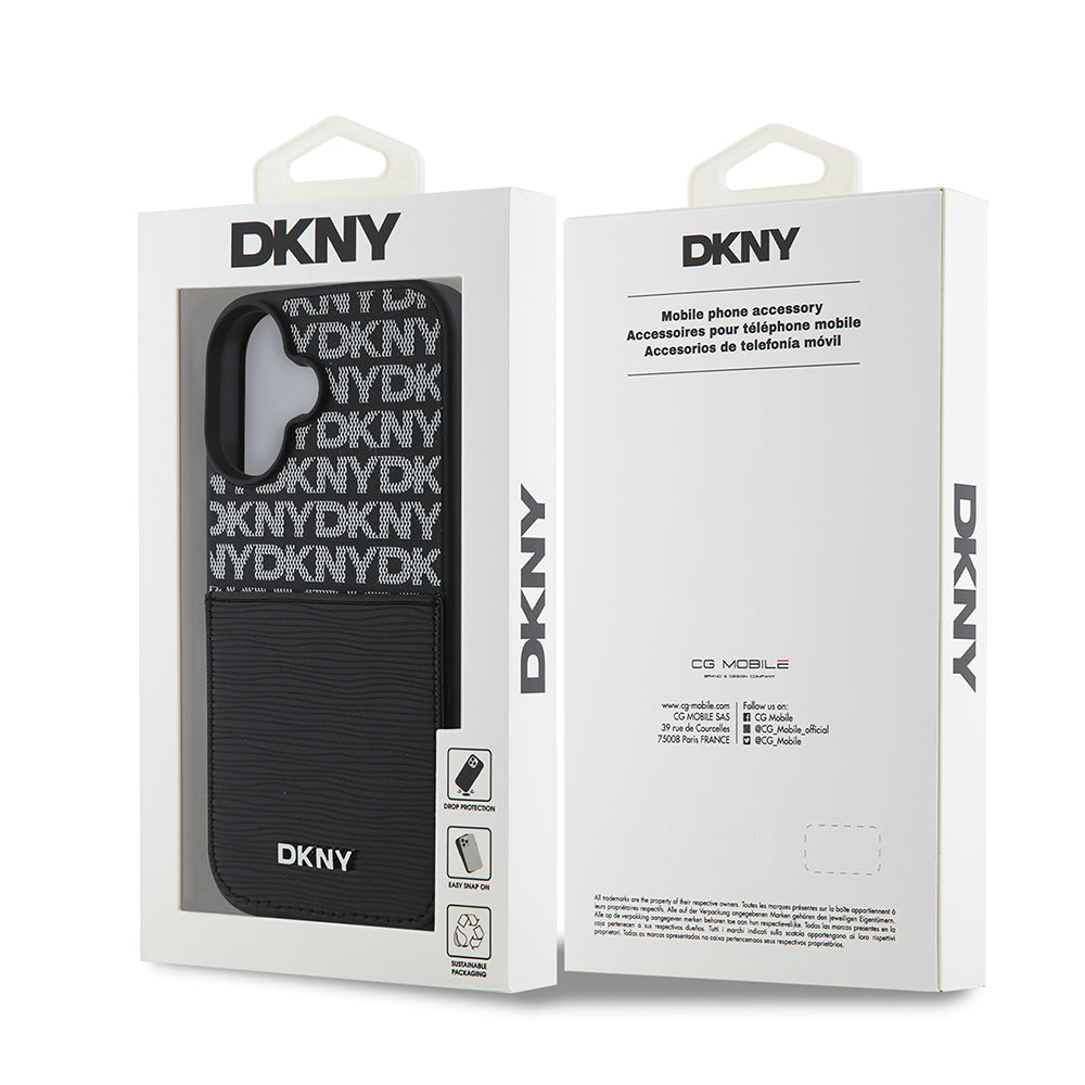 Apple iPhone 16 Kılıf DKNY Orjinal Lisanslı Kartlıklı 3D Yazılı Repeat Texture Pattern Kapak Siyah