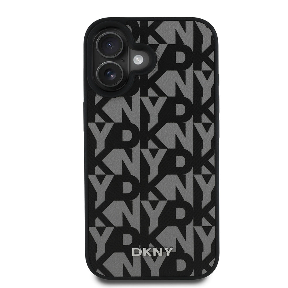 Apple iPhone 16 Kılıf DKNY Orjinal Lisanslı M-safe Şarj Özellikli 3D Yazılı Grid Pattern Kapak Kahverengi