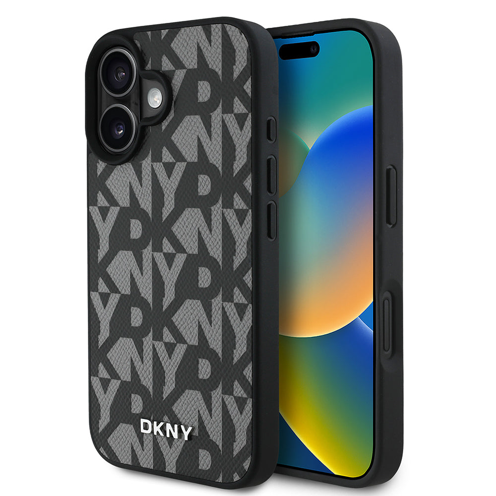 Apple iPhone 16 Kılıf DKNY Orjinal Lisanslı M-safe Şarj Özellikli 3D Yazılı Grid Pattern Kapak Gri