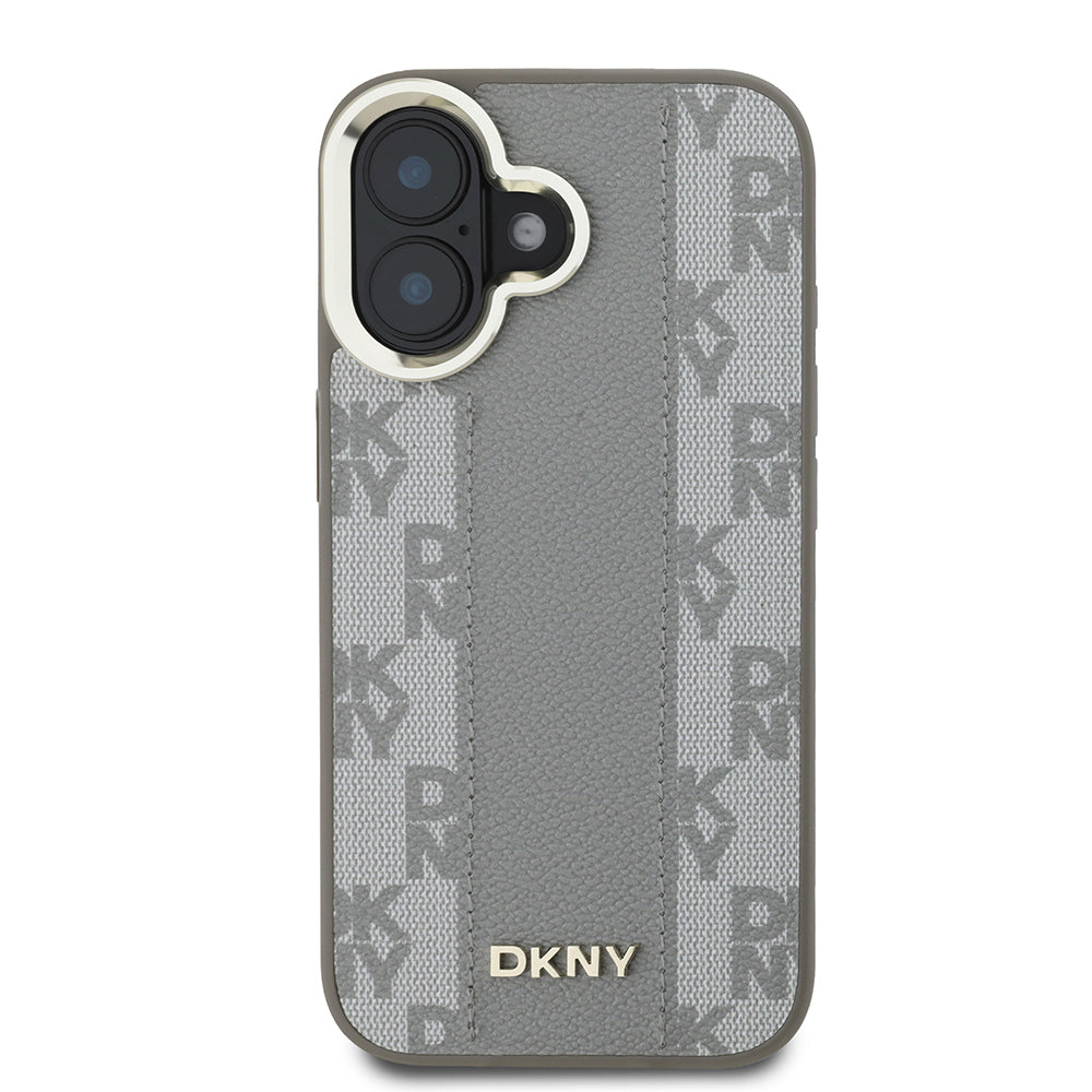 Apple iPhone 16 Kılıf DKNY Orjinal Lisanslı Magsafe Şarj Özellikli 3D Yazılı Checkered Pattern Kapak Bej