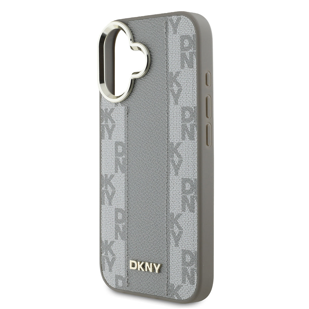 Apple iPhone 16 Kılıf DKNY Orjinal Lisanslı Magsafe Şarj Özellikli 3D Yazılı Checkered Pattern Kapak Bej