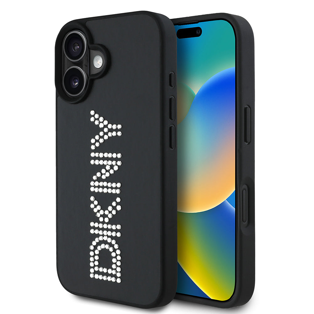Apple iPhone 16 Kılıf DKNY Orjinal Lisanslı Taşlı DKNY Yazılı Metalik Rhinestones PU Deri Kapak Siyah