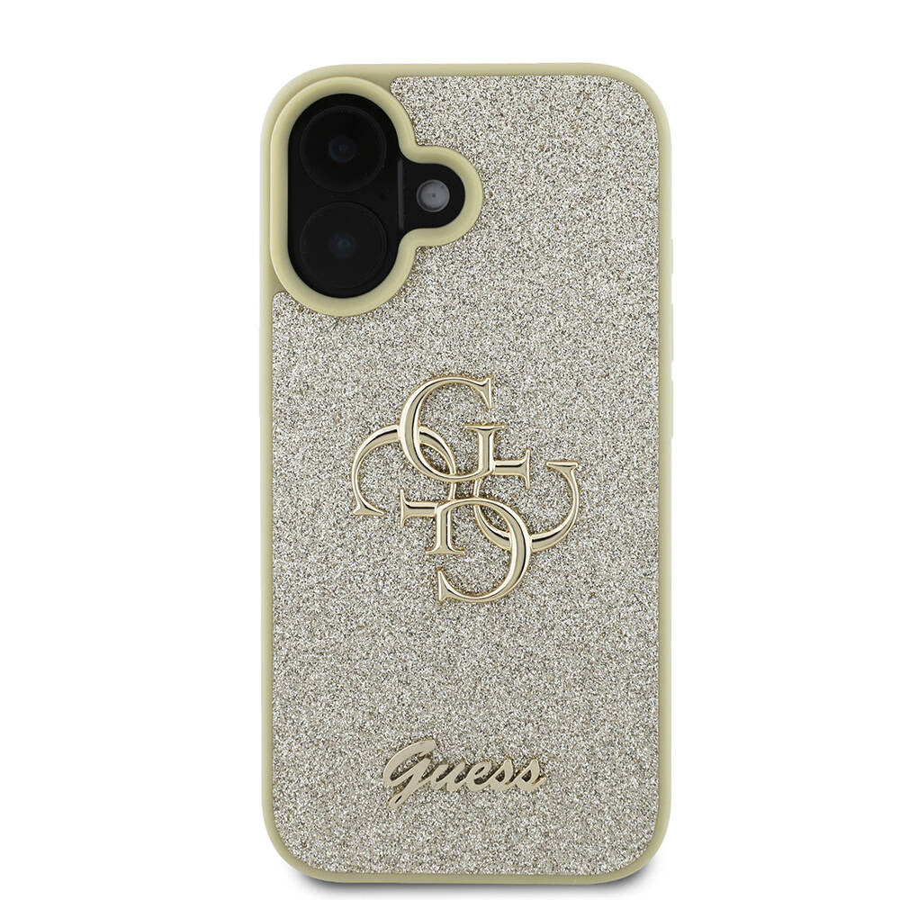 Apple iPhone 16 Kılıf Guess Orjinal Lisanslı 4G Büyük Metal Logolu Glitter Kapak Gold
