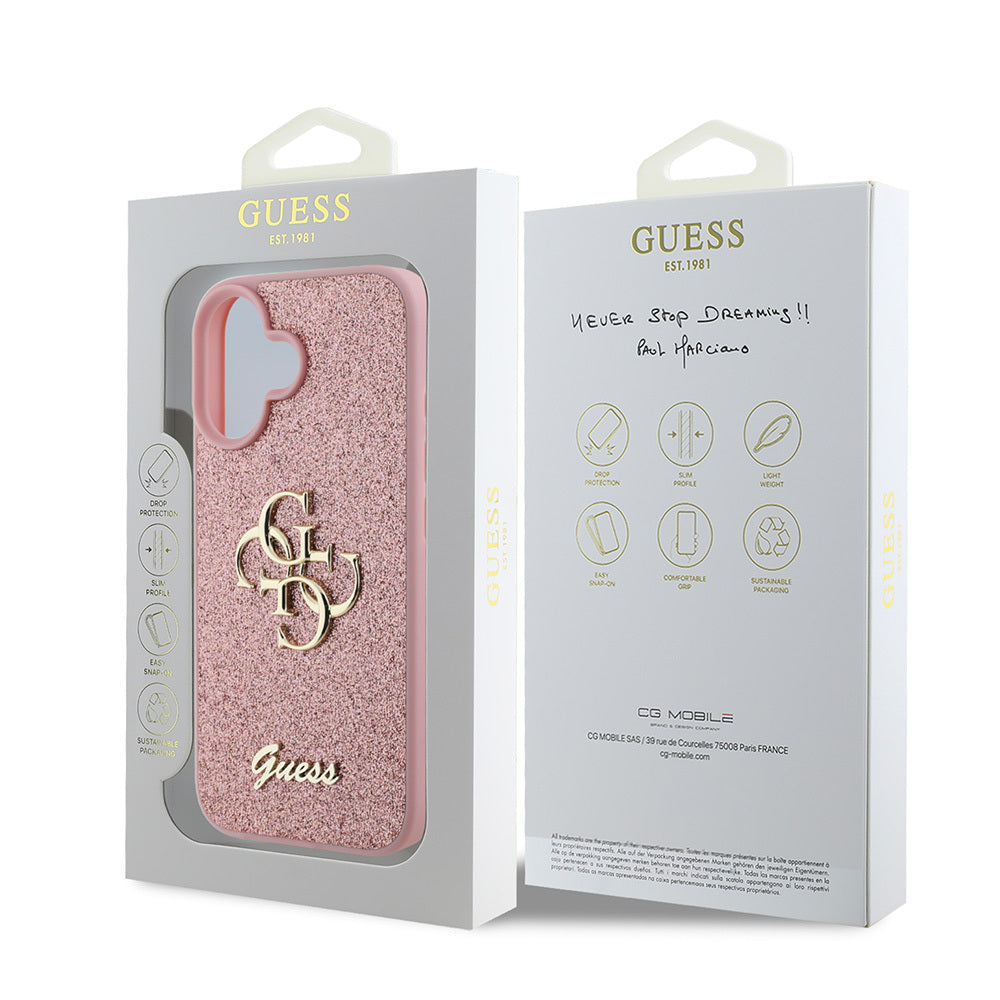 Apple iPhone 16 Kılıf Guess Orjinal Lisanslı 4G Büyük Metal Logolu Glitter Kapak Pembe