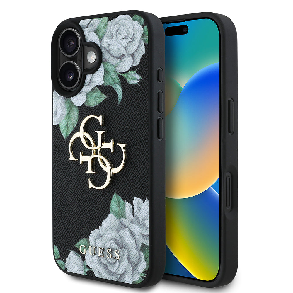 Apple iPhone 16 Kılıf Guess Orjinal Lisanslı Gül Baskılı Büyük Metal Logo Dizaynlı Kapak Mor