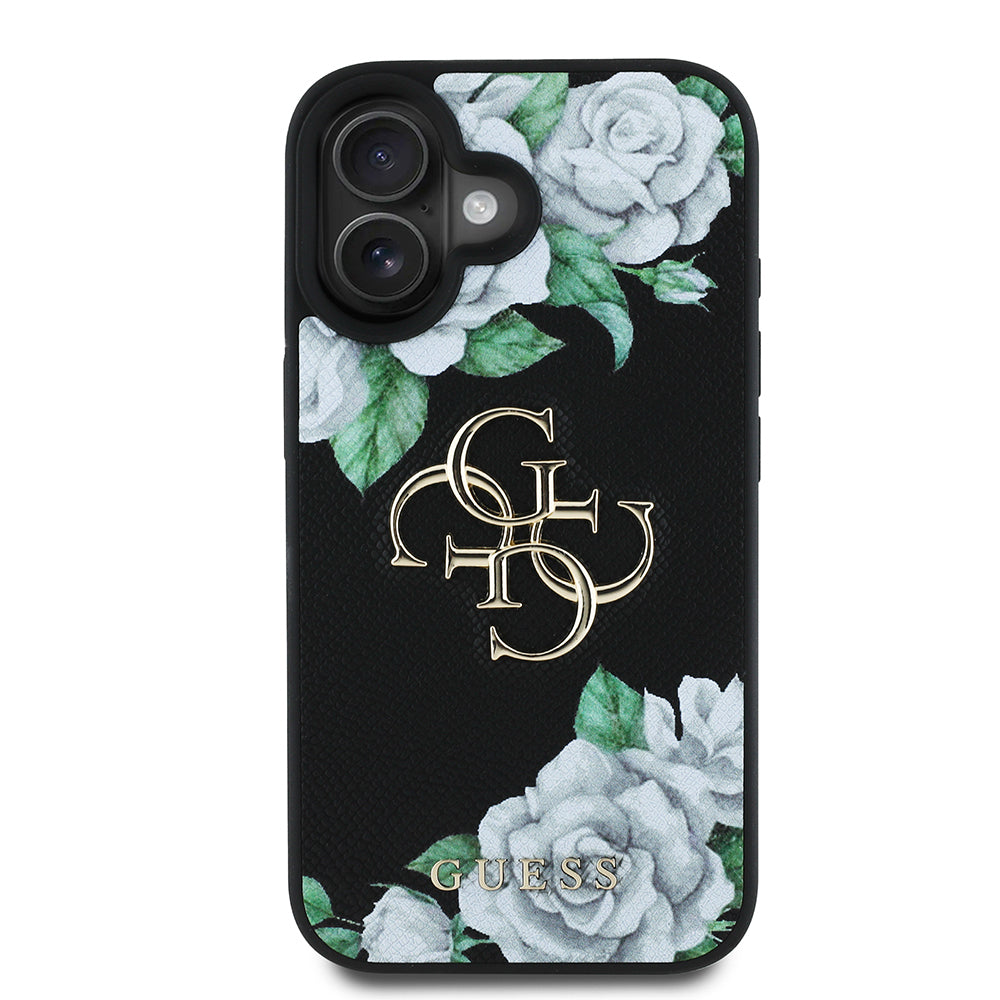 Apple iPhone 16 Kılıf Guess Orjinal Lisanslı Gül Baskılı Büyük Metal Logo Dizaynlı Kapak Siyah