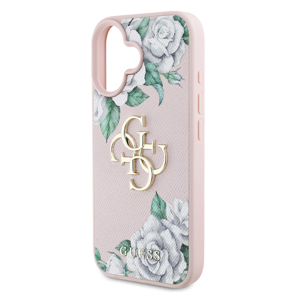 Apple iPhone 16 Kılıf Guess Orjinal Lisanslı Gül Baskılı Büyük Metal Logo Dizaynlı Kapak Siyah