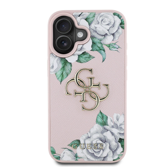 Apple iPhone 16 Kılıf Guess Orjinal Lisanslı Gül Baskılı Büyük Metal Logo Dizaynlı Kapak Pembe