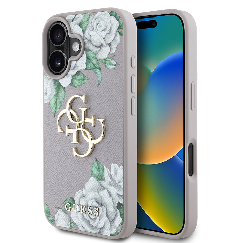Apple iPhone 16 Kılıf Guess Orjinal Lisanslı Gül Baskılı Büyük Metal Logo Dizaynlı Kapak Pembe