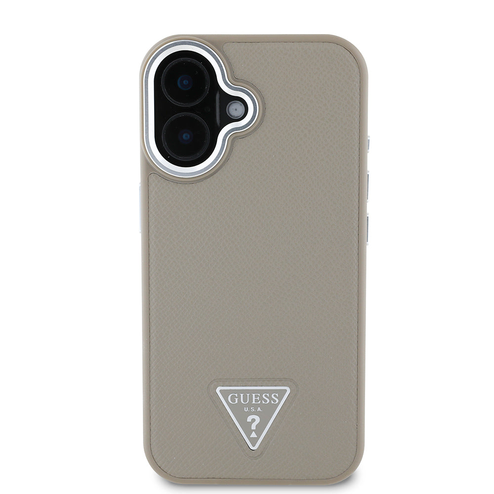 Apple iPhone 16 Kılıf Guess Orjinal Lisanslı Magsafe Şarj Özellikli Grained Triangle Kapak Kahverengi