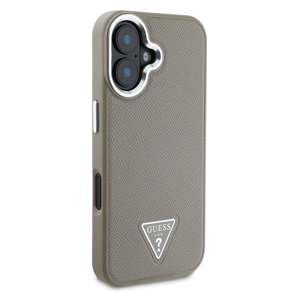 Apple iPhone 16 Kılıf Guess Orjinal Lisanslı Magsafe Şarj Özellikli Grained Triangle Kapak Kahverengi