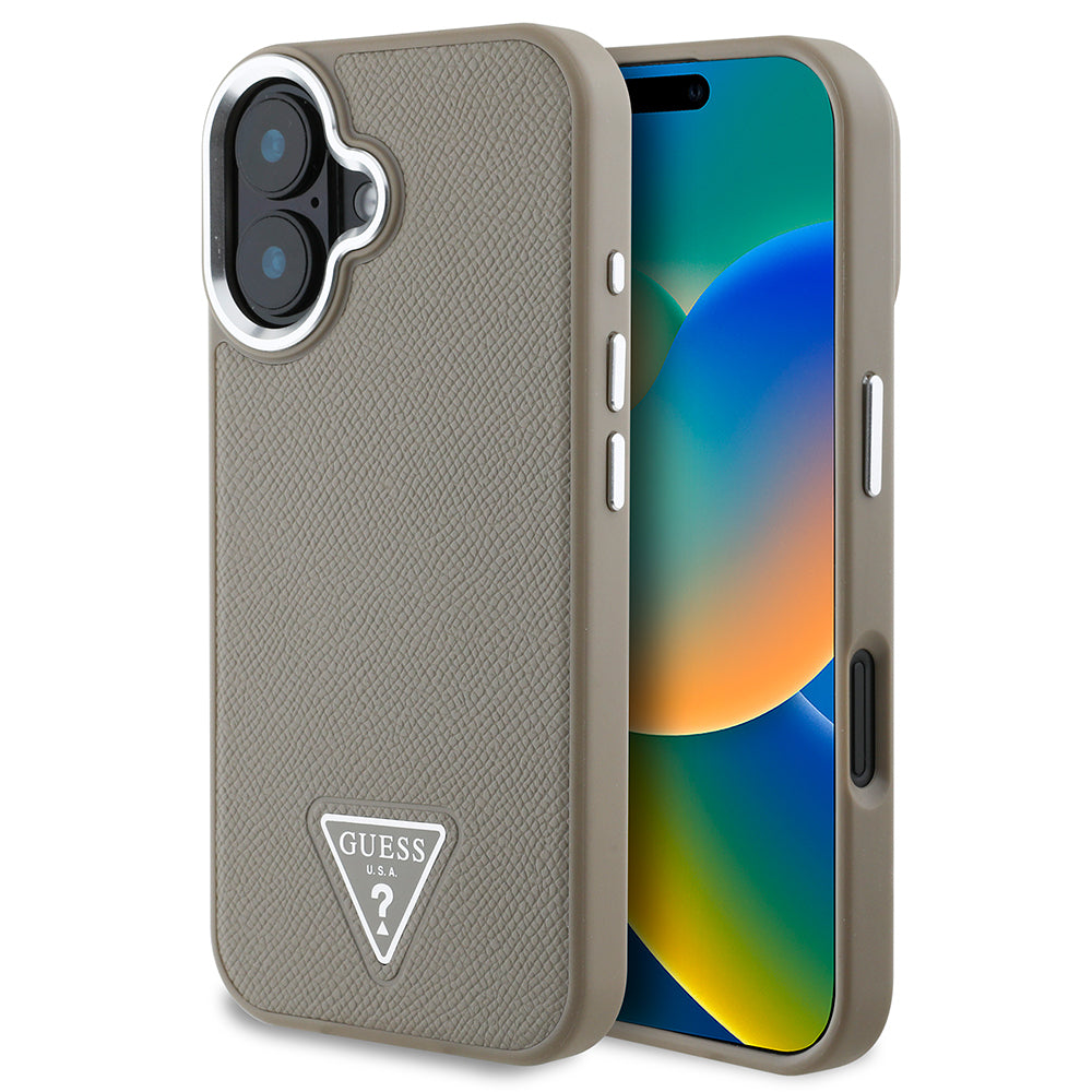 Apple iPhone 16 Kılıf Guess Orjinal Lisanslı Magsafe Şarj Özellikli Grained Triangle Kapak Kahverengi