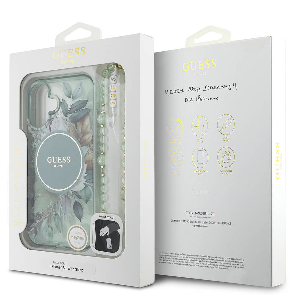 Apple iPhone 16 Kılıf Guess Orjinal Lisanslı Magsafe Şarj Özellikli IML Baskılı Çiçek İnci Bileklikli Kapak Pembe