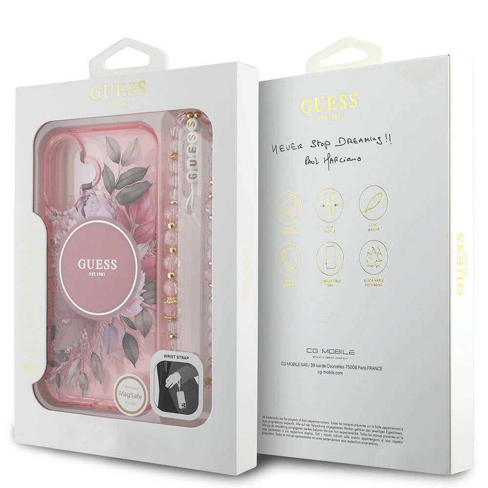 Apple iPhone 16 Kılıf Guess Orjinal Lisanslı Magsafe Şarj Özellikli IML Baskılı Çiçek İnci Bileklikli Kapak Pembe