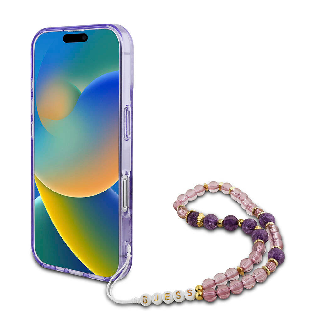 Apple iPhone 16 Kılıf Guess Orjinal Lisanslı Magsafe Şarj Özellikli IML Baskılı Çiçek İnci Bileklikli Kapak Pembe